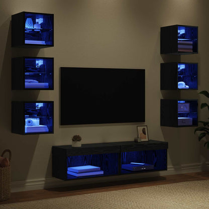TV Cabinet with LED Strip Lights 8 pcs Black Oak Glass