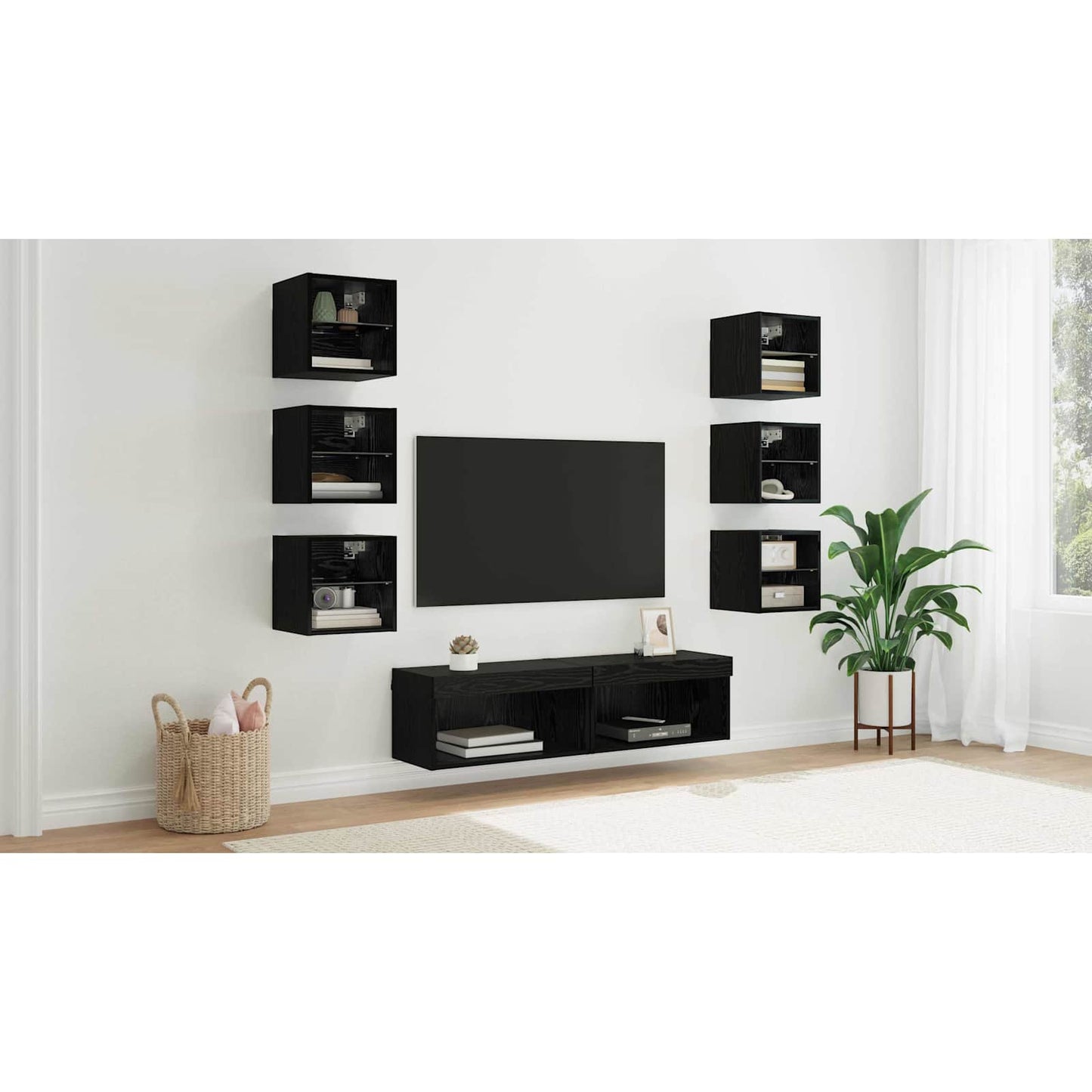 TV Cabinet with LED Strip Lights 8 pcs Black Oak Glass