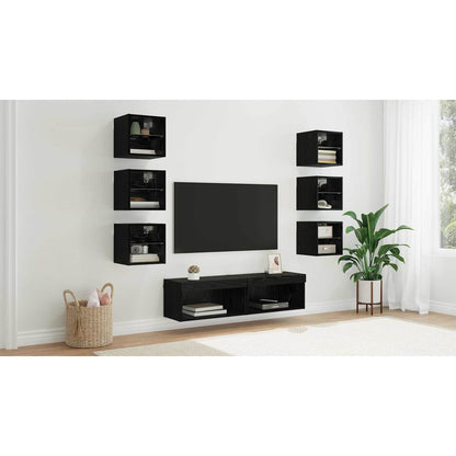 TV Cabinet with LED Strip Lights 8 pcs Black Oak Glass