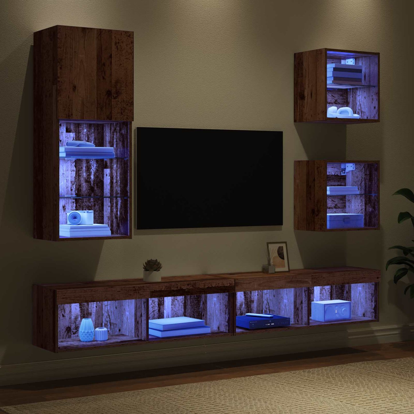 TV Wall Units with LED 5 pcs Old Wood Engineered Wood