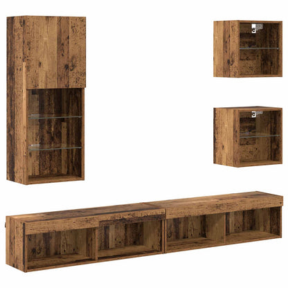 TV Wall Units with LED 5 pcs Old Wood Engineered Wood