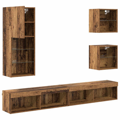 TV Wall Units with LED 5 pcs Old Wood Engineered Wood