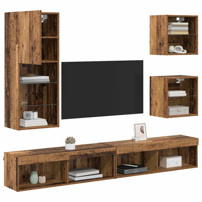 TV Wall Units with LED 5 pcs Old Wood Engineered Wood