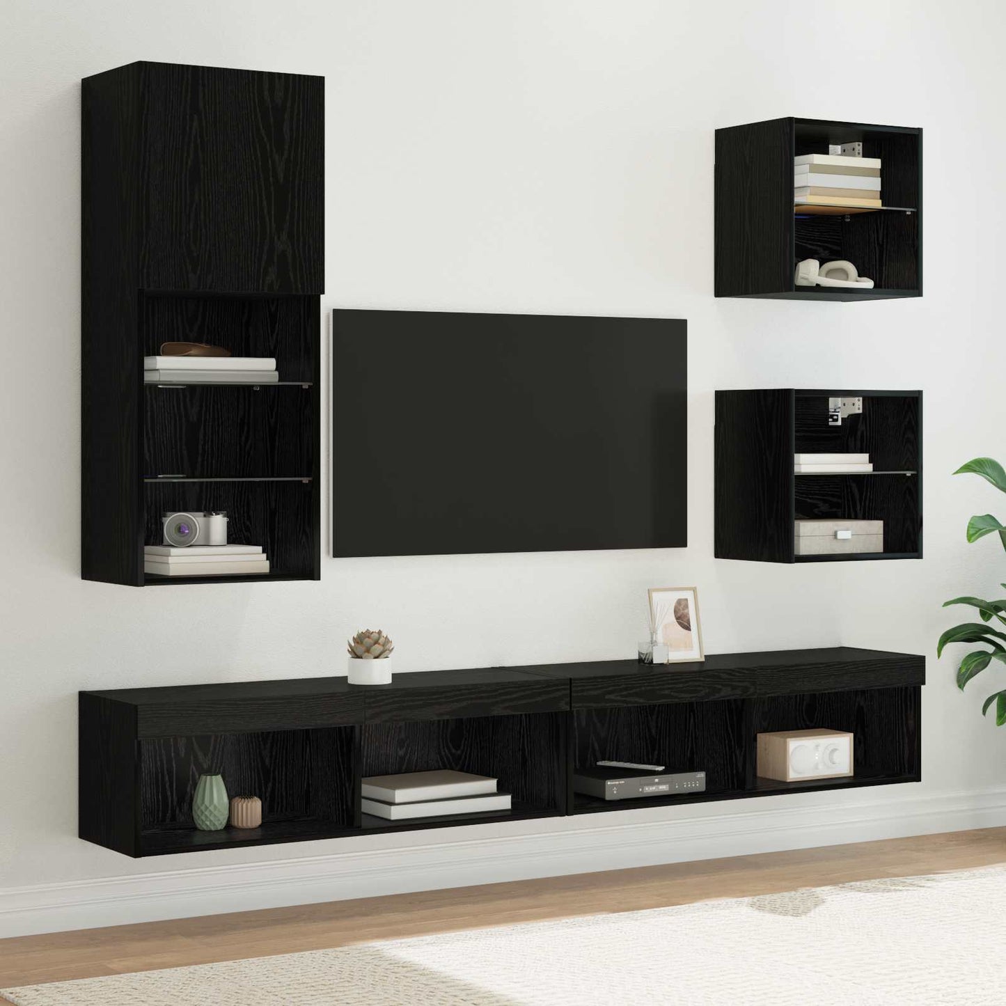 TV Wall Units with LED 5 pcs Black Oak Engineered Wood