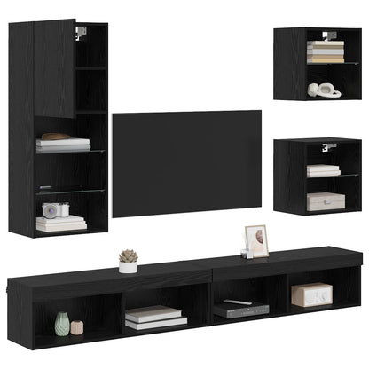 TV Wall Units with LED 5 pcs Black Oak Engineered Wood