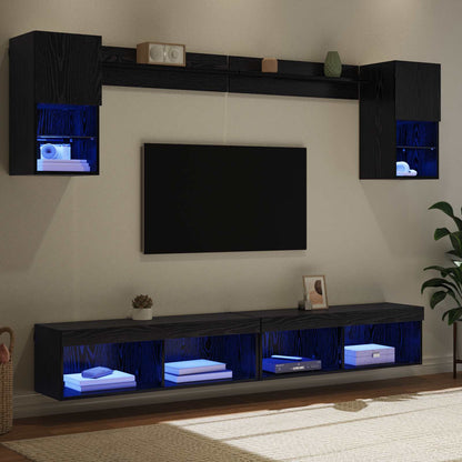 TV Wall Units with LED with LED 6 pcs Black Oak Engineered Wood