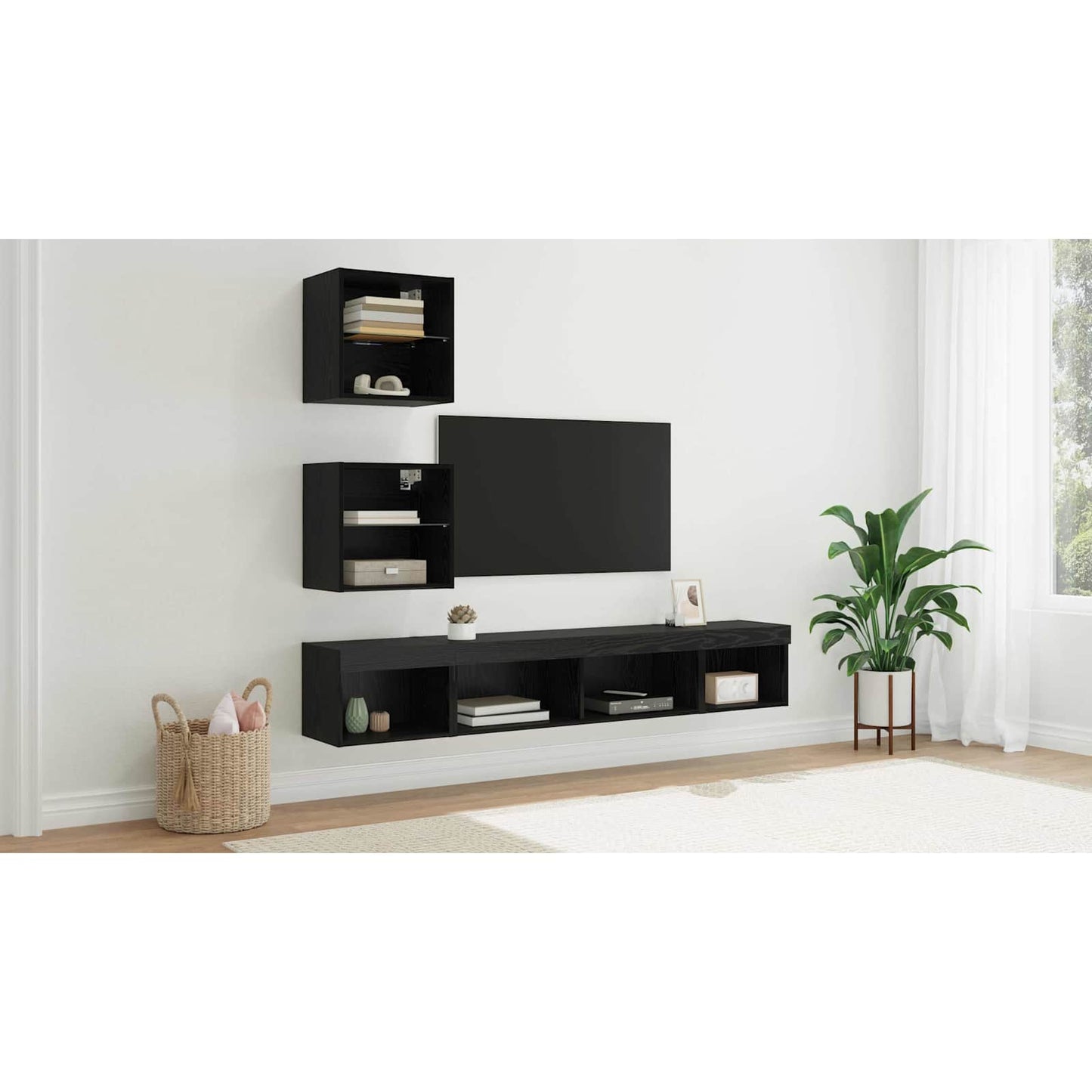 TV Wall Units with LED with LED 5 pcs Black Oak Engineered Wood