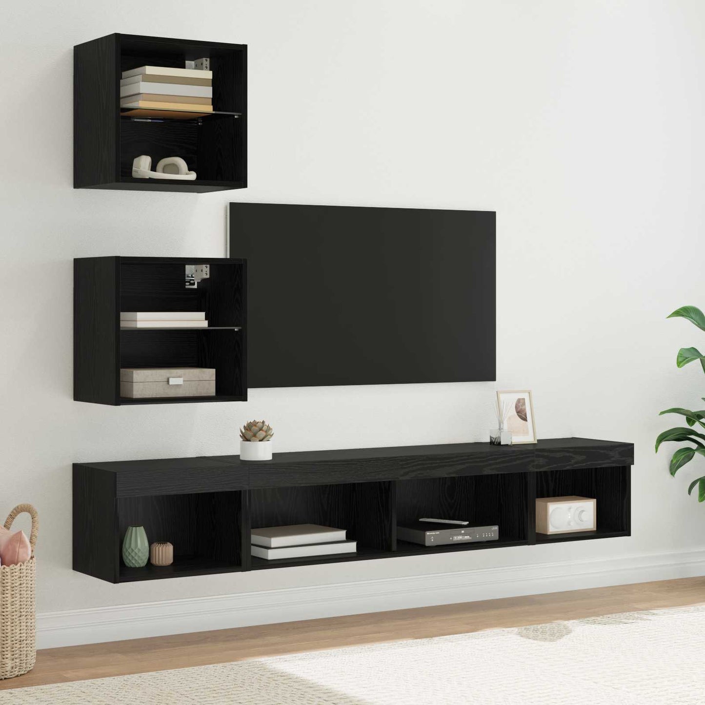 TV Wall Units with LED with LED 5 pcs Black Oak Engineered Wood