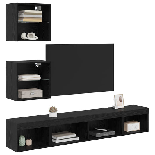 TV Wall Units with LED with LED 5 pcs Black Oak Engineered Wood