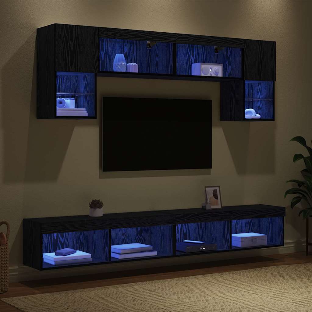 TV Wall Units with LED 6 pcs Black Oak Engineered Wood