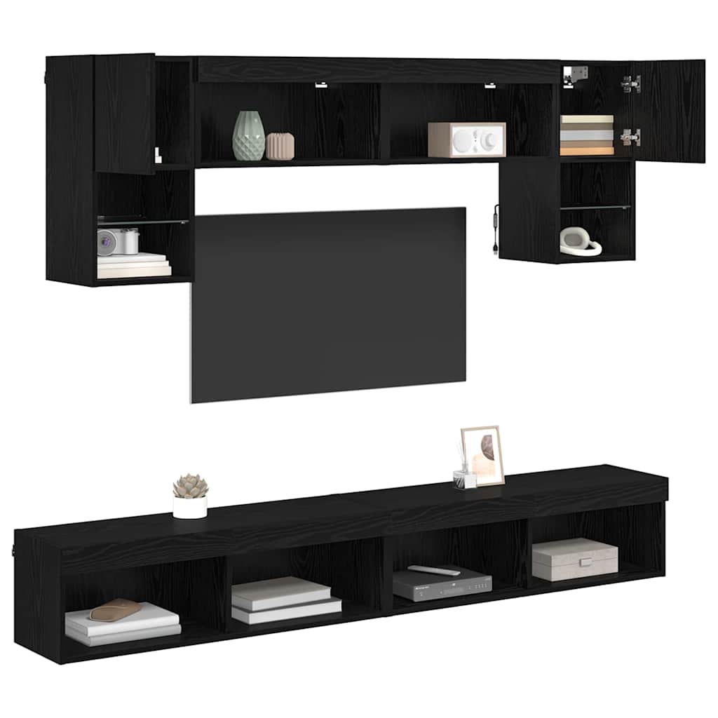 TV Wall Units with LED 6 pcs Black Oak Engineered Wood