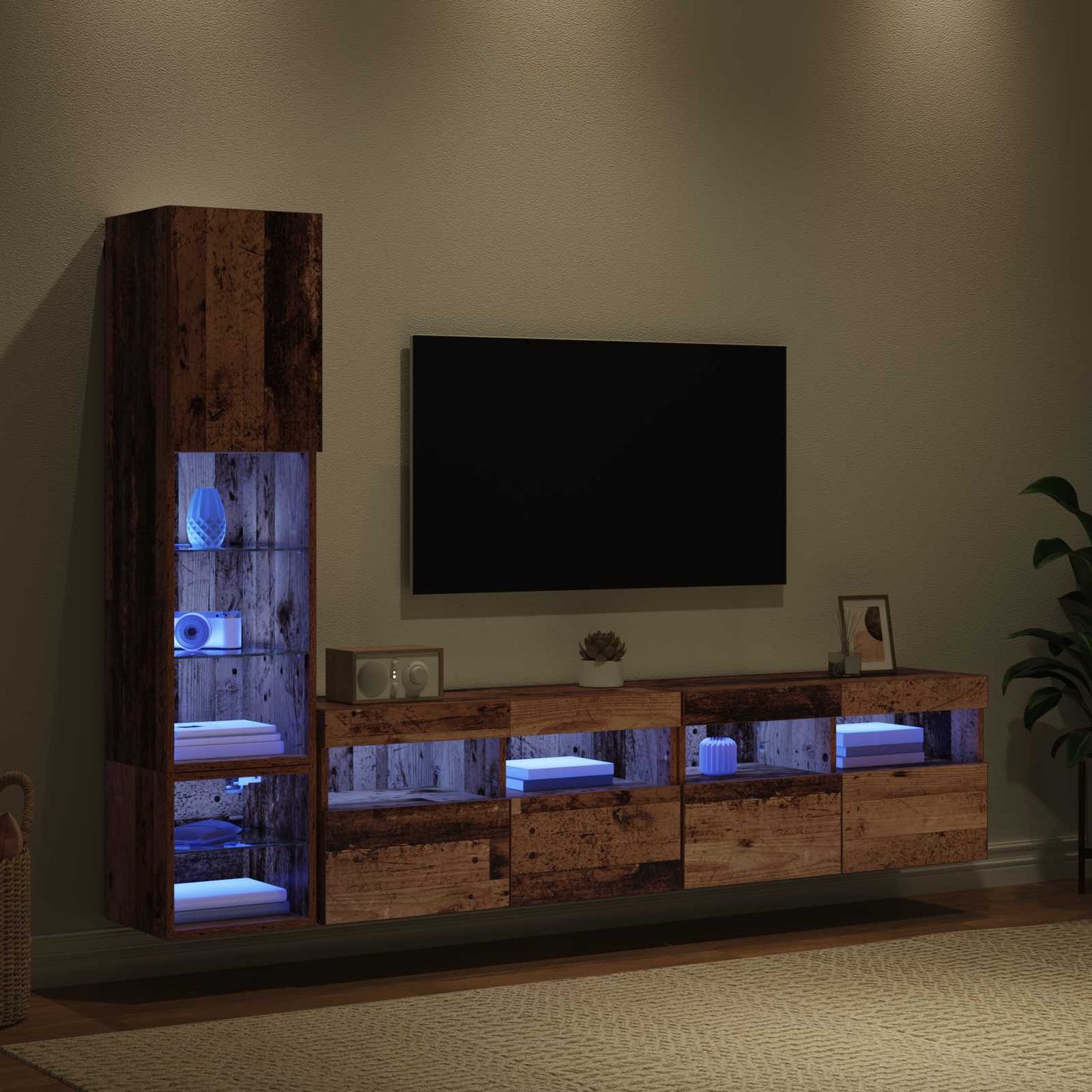 TV Wall Unit with LED 4 pcs Old Wood Engineered Wood