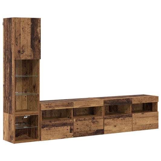 TV Wall Unit with LED 4 pcs Old Wood Engineered Wood
