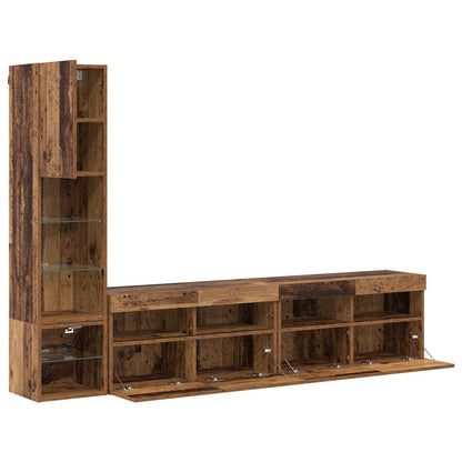 TV Wall Unit with LED 4 pcs Old Wood Engineered Wood
