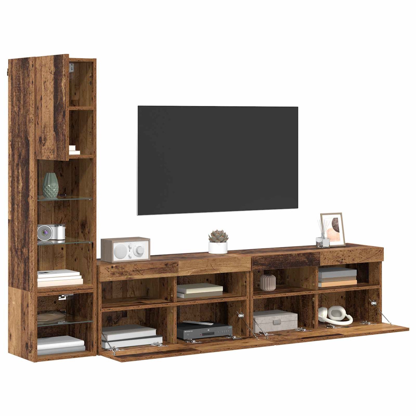 TV Wall Unit with LED 4 pcs Old Wood Engineered Wood
