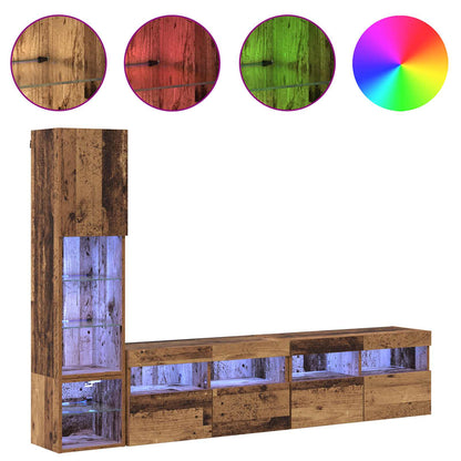 TV Wall Unit with LED 4 pcs Old Wood Engineered Wood