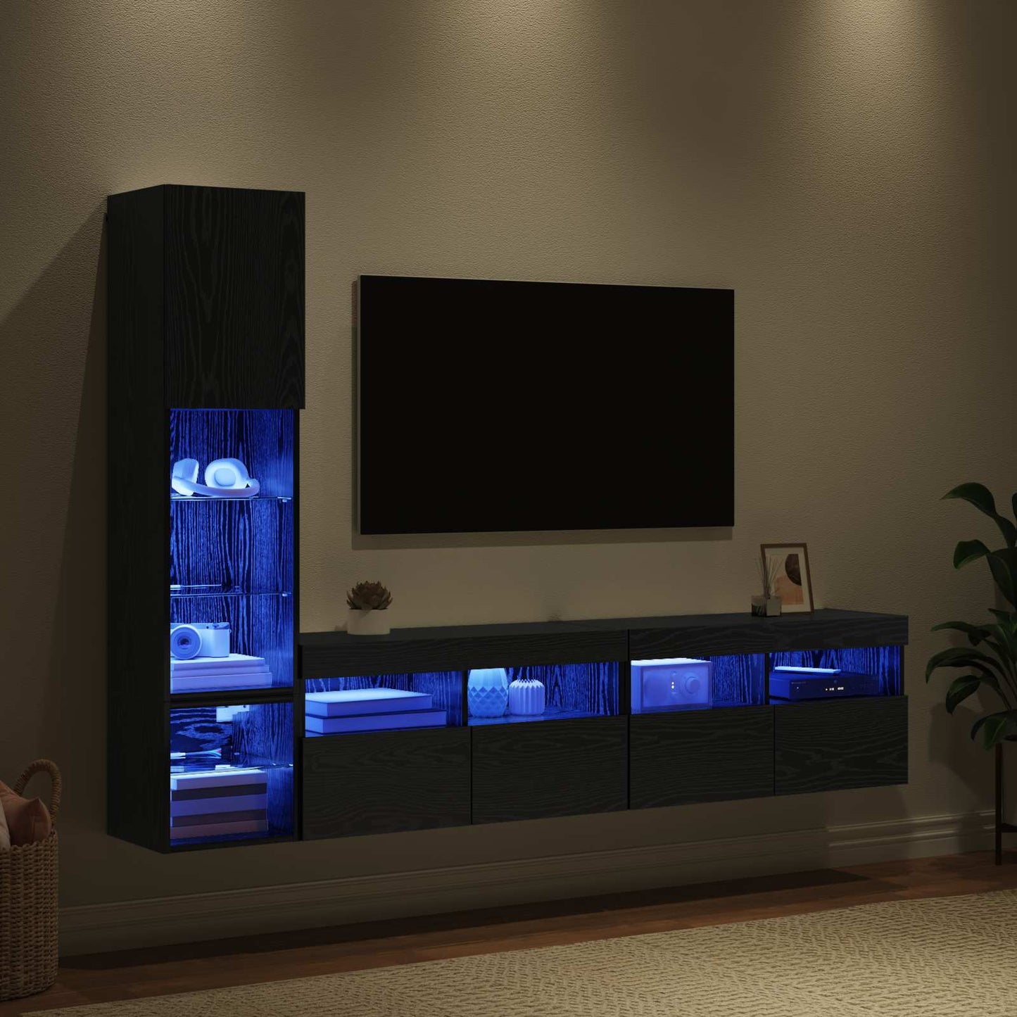 TV Wall Unit with LED 4 pcs Black Oak Engineered Wood