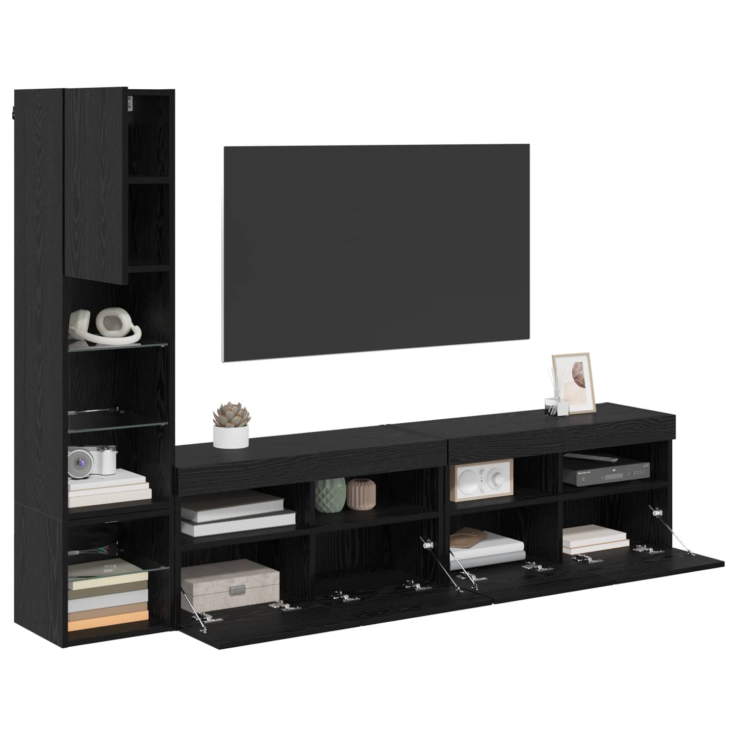 TV Wall Unit with LED 4 pcs Black Oak Engineered Wood