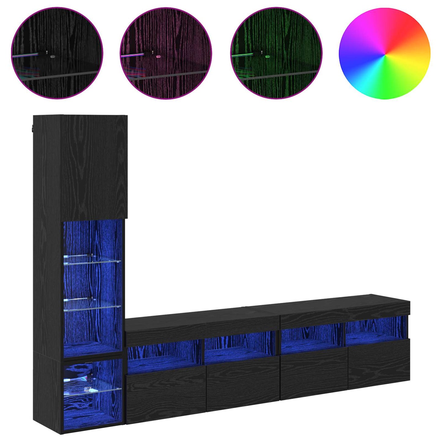 TV Wall Unit with LED 4 pcs Black Oak Engineered Wood