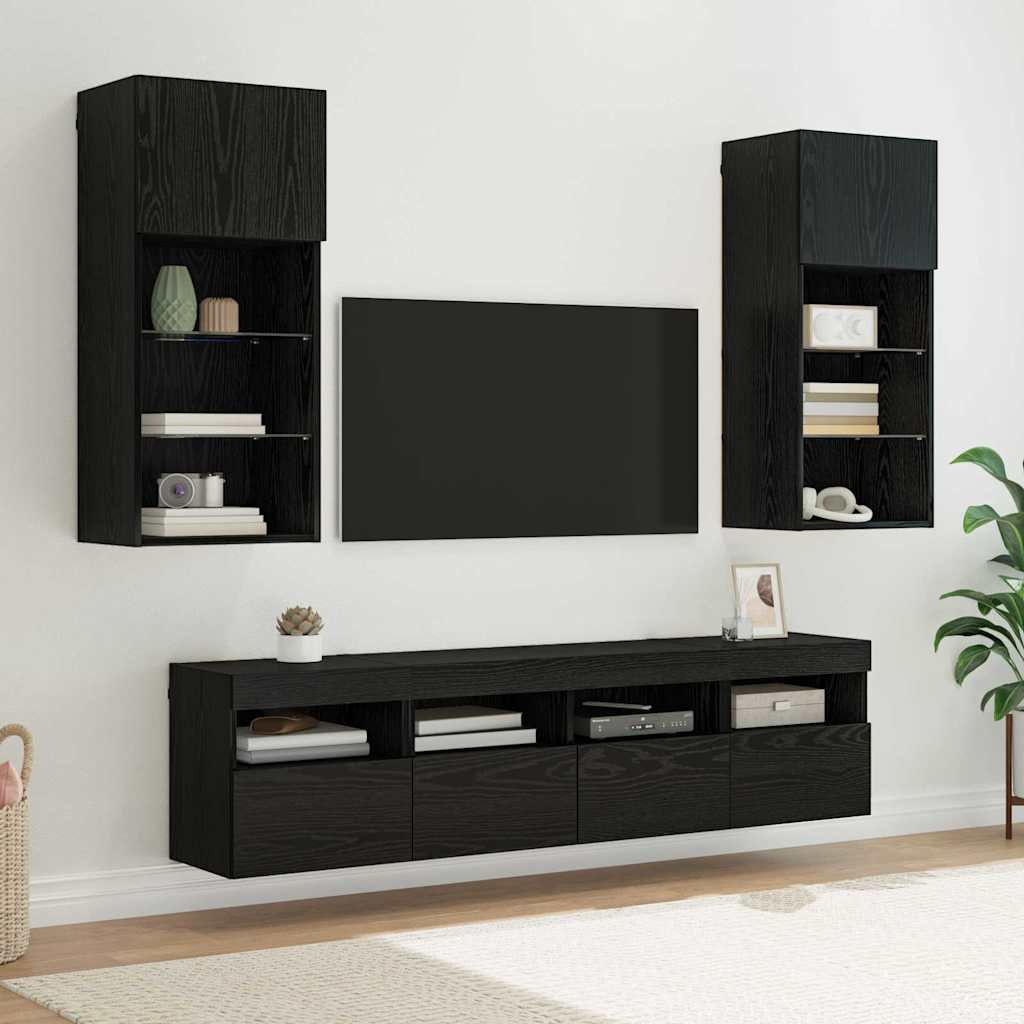 TV Wall Units with LED Black Oak Engineered Wood