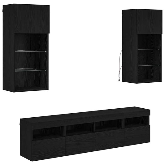 TV Wall Units with LED Black Oak Engineered Wood