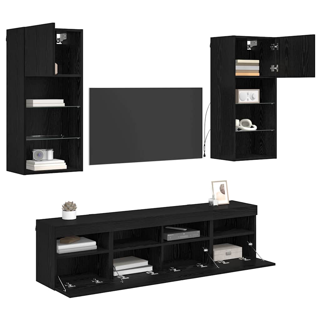 TV Wall Units with LED Black Oak Engineered Wood