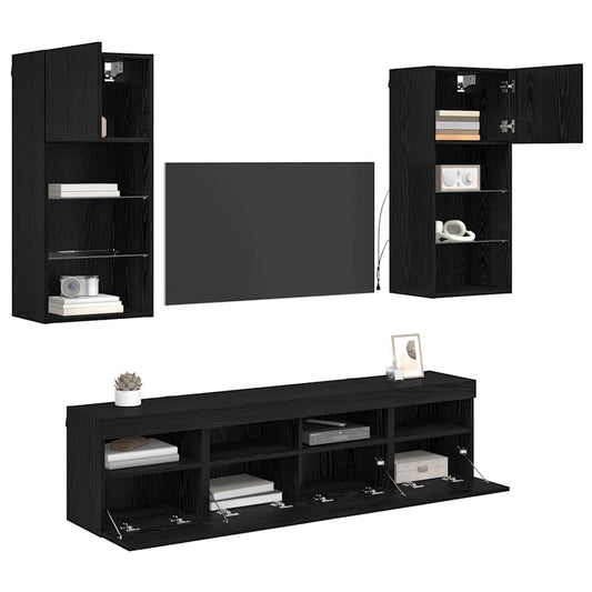 TV Wall Units with LED Black Oak Engineered Wood