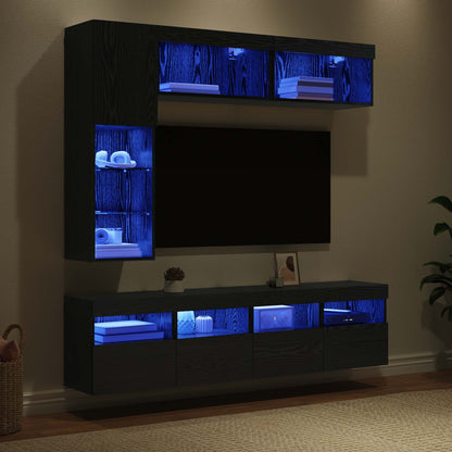 TV Cabinet with LED 7 pcs Black Oak Engineered Wood