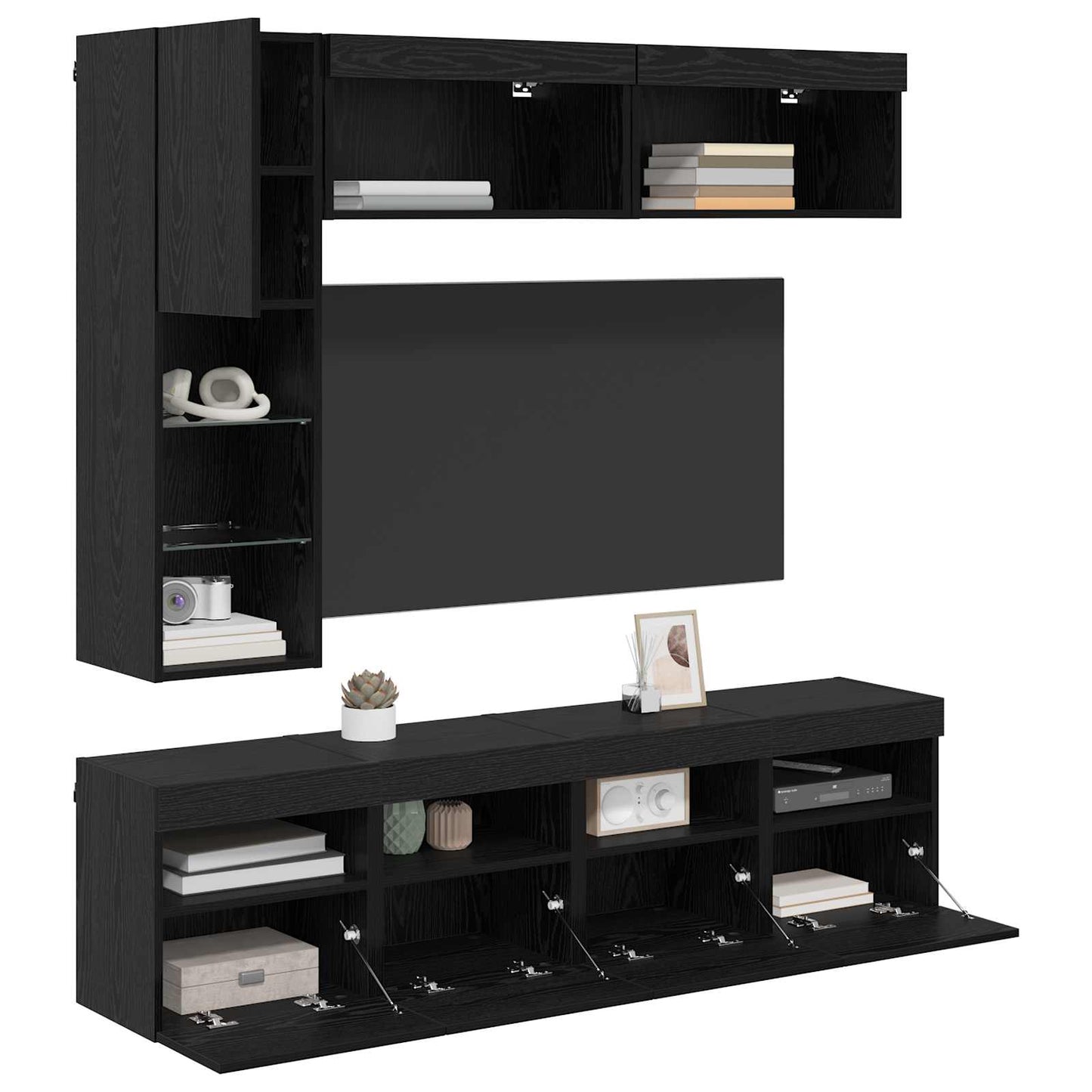 TV Cabinet with LED 7 pcs Black Oak Engineered Wood