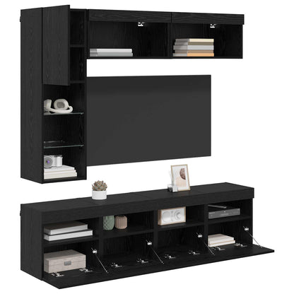 TV Cabinet with LED 7 pcs Black Oak Engineered Wood