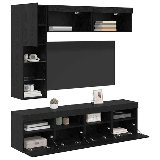 TV Cabinet with LED 7 pcs Black Oak Engineered Wood
