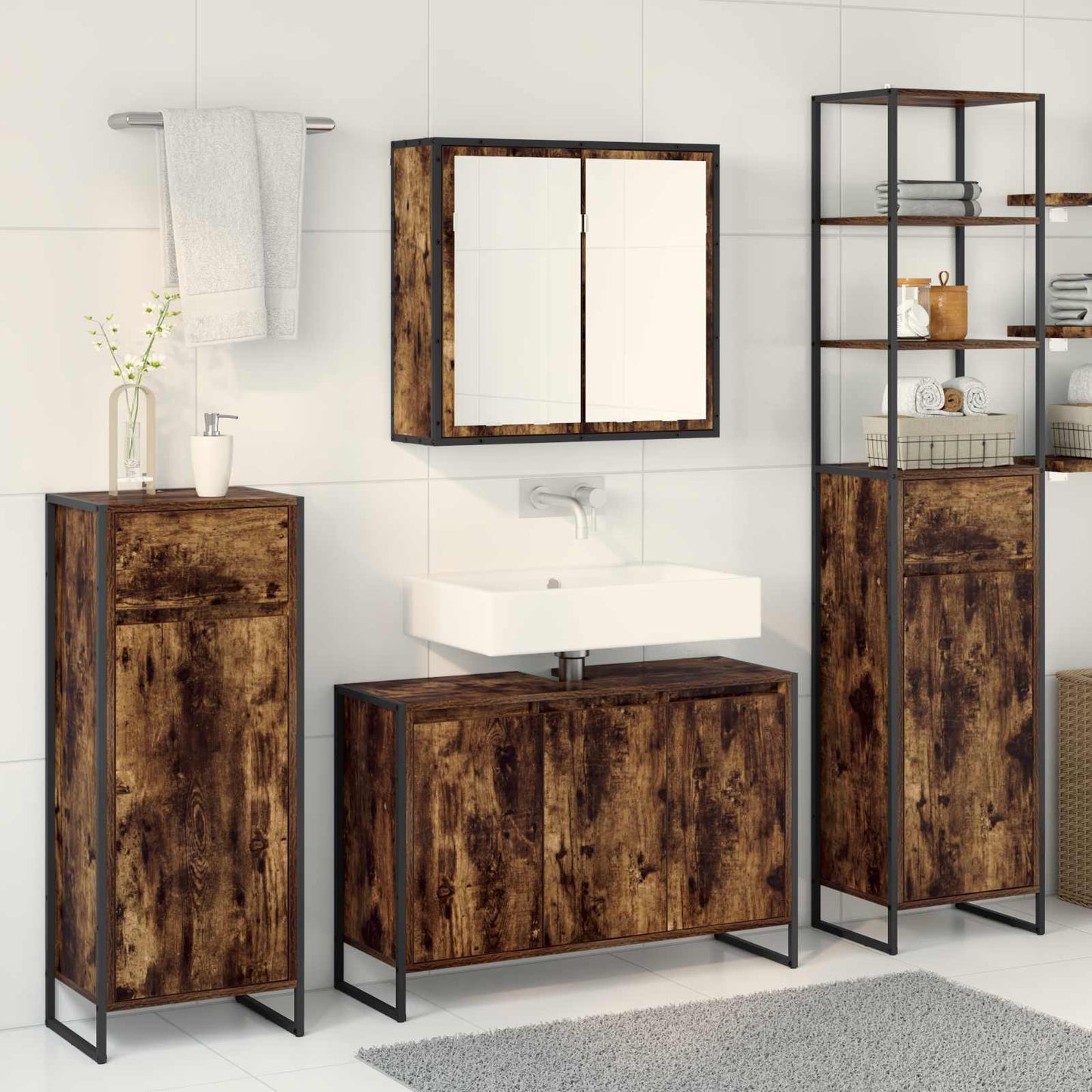 Bathroom Furniture Set with Drawer Smoked Oak Engineered Wood
