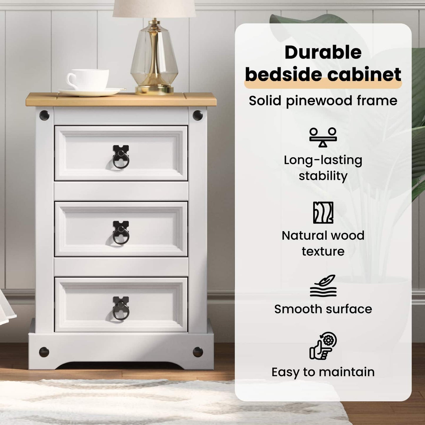 Bedside Table Corona White 45 x 35 x 64 cm Solid Pine Wood