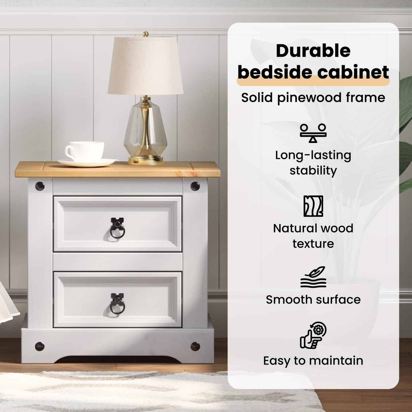 Bedside Table Corona White 53 x 39 x 47 cm Solid Pine Wood