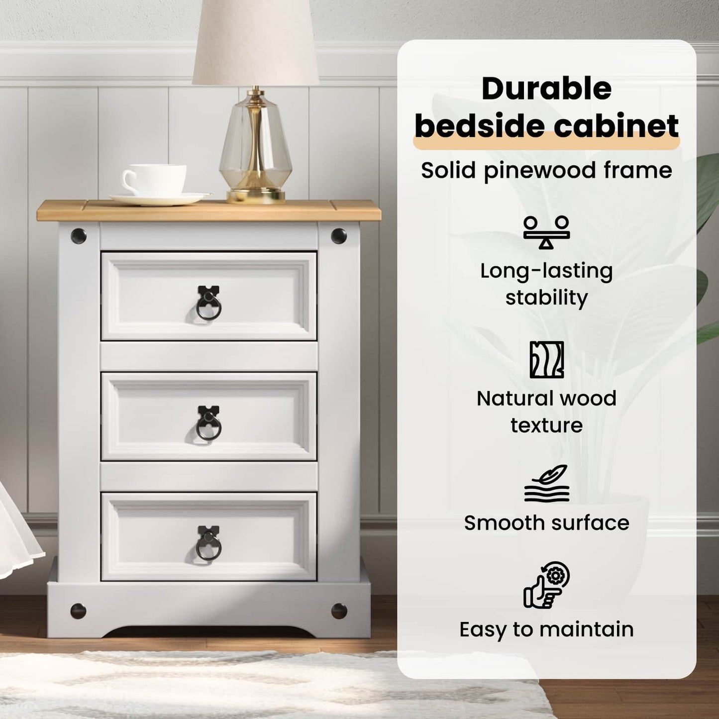 Bedside Table Corona White 53 x 39 x 66 cm Solid Pine Wood