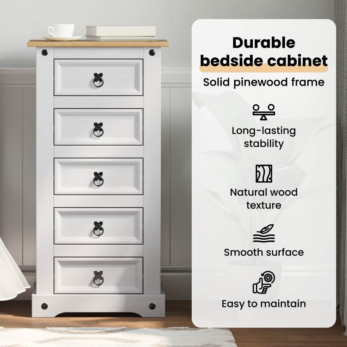 Bedside Table Corona White 53 x 39 x 103 cm Solid Pine Wood