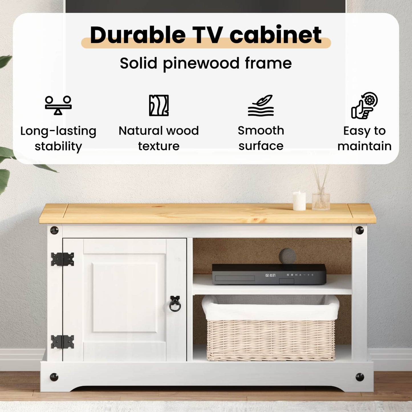 TV Cabinet Corona White 100 x 40 x 52 cm Solid Pine Wood
