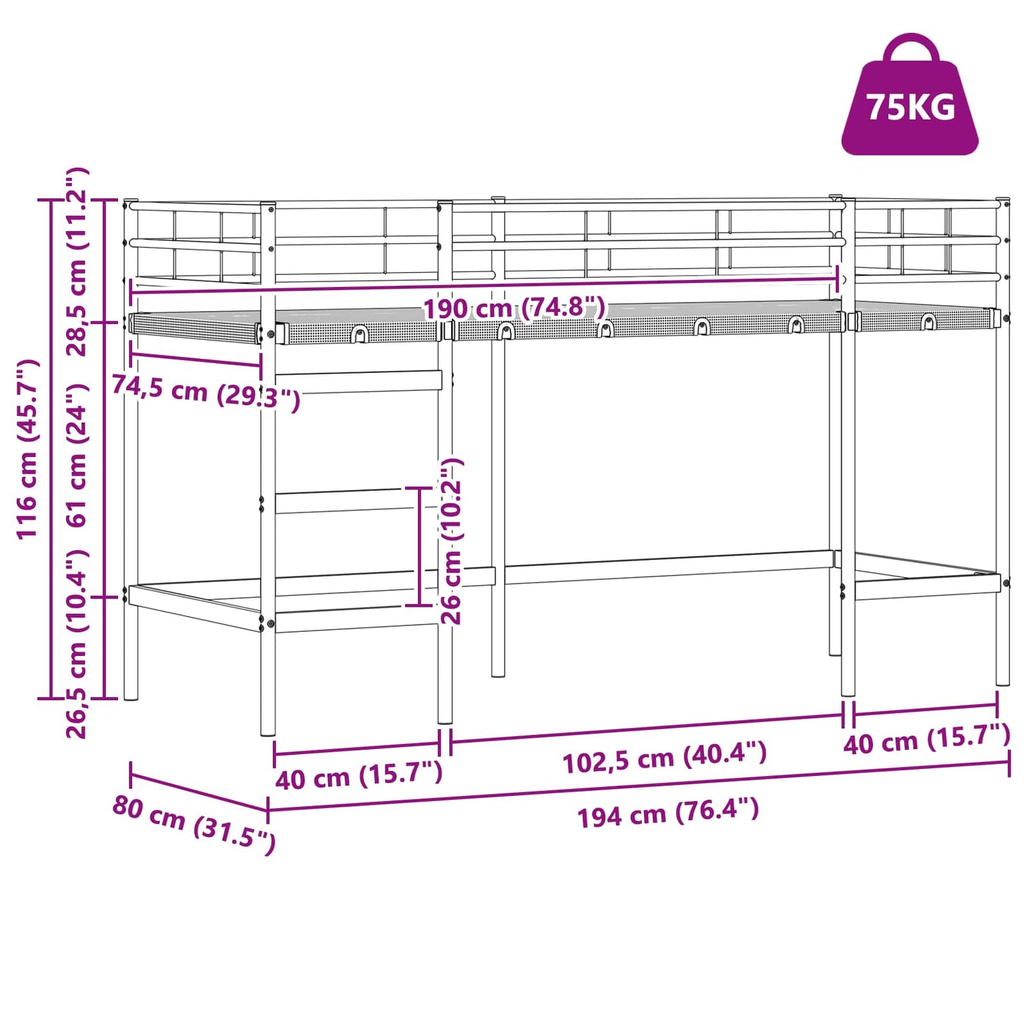 Kids'Loft Bed Frame White 74.5 x 190 cm Steel