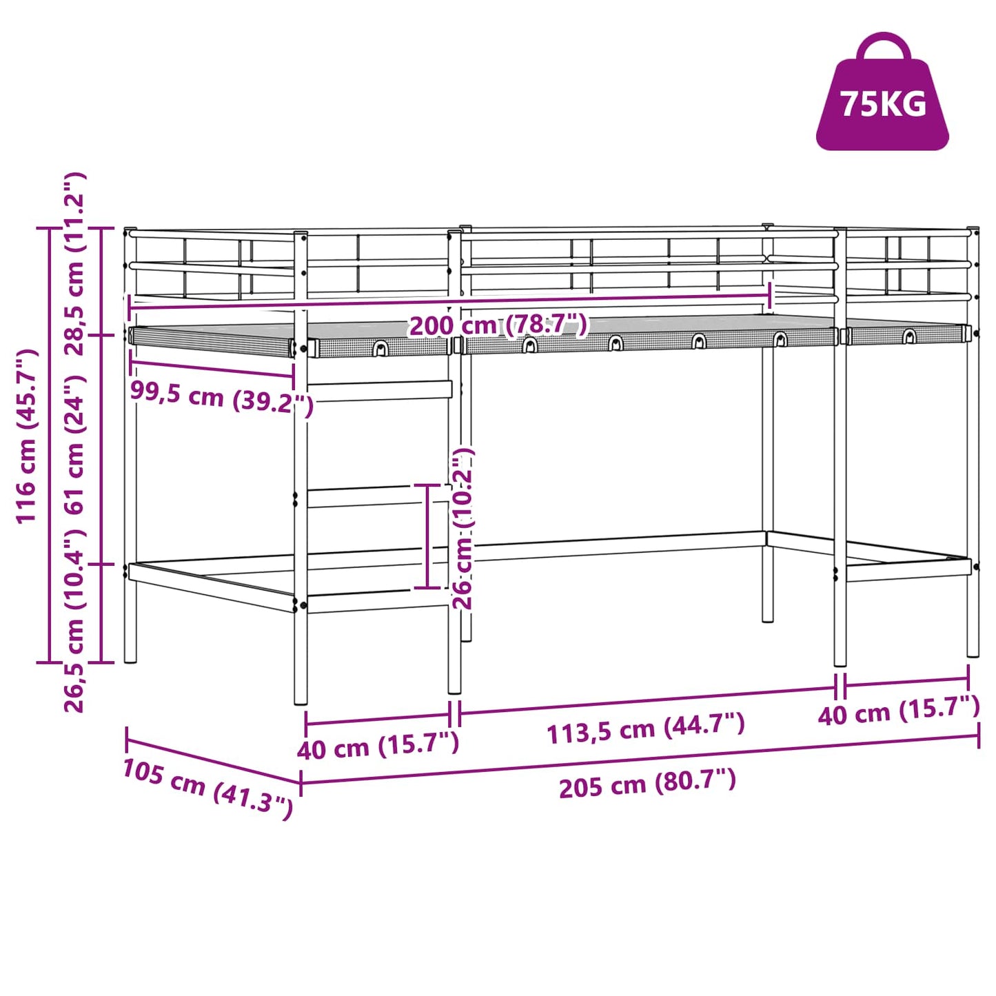 Kids'Loft Bed Frame White 100 x 200 cm Steel