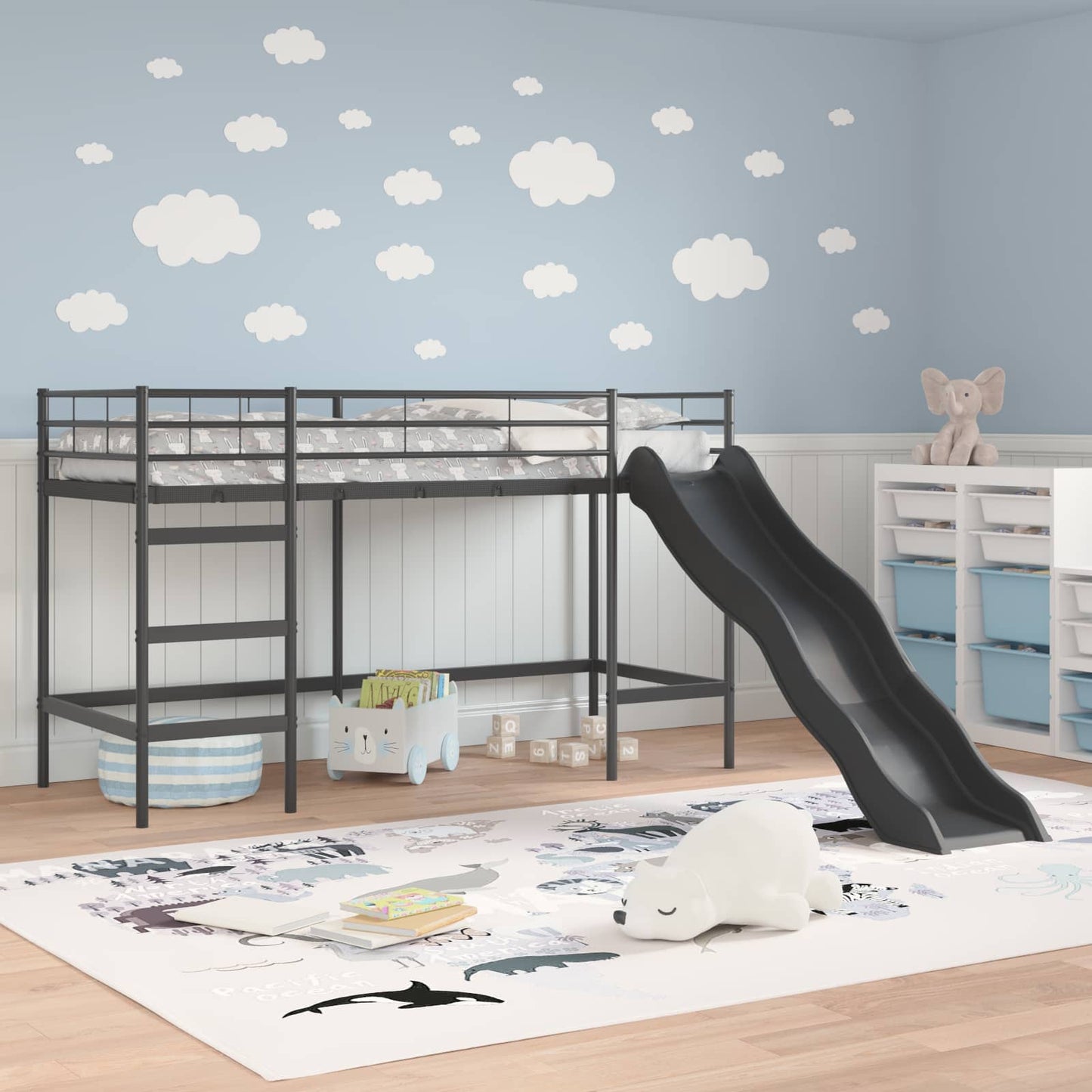 Kids'Loft Bed Frame with Slide Black and Anthracite