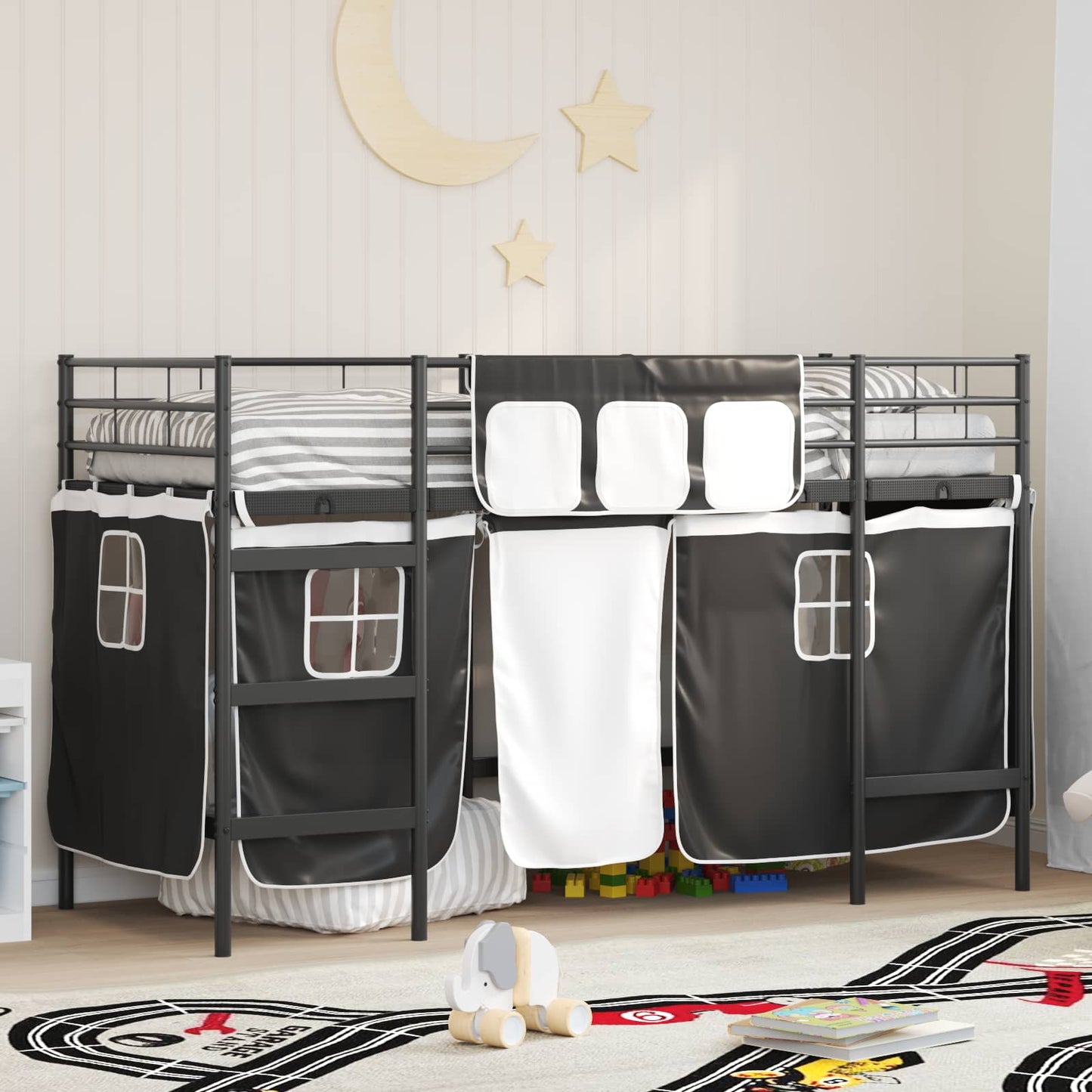 Kids'Loft Bed Frame with Curtains Black 75 x 190 cm
