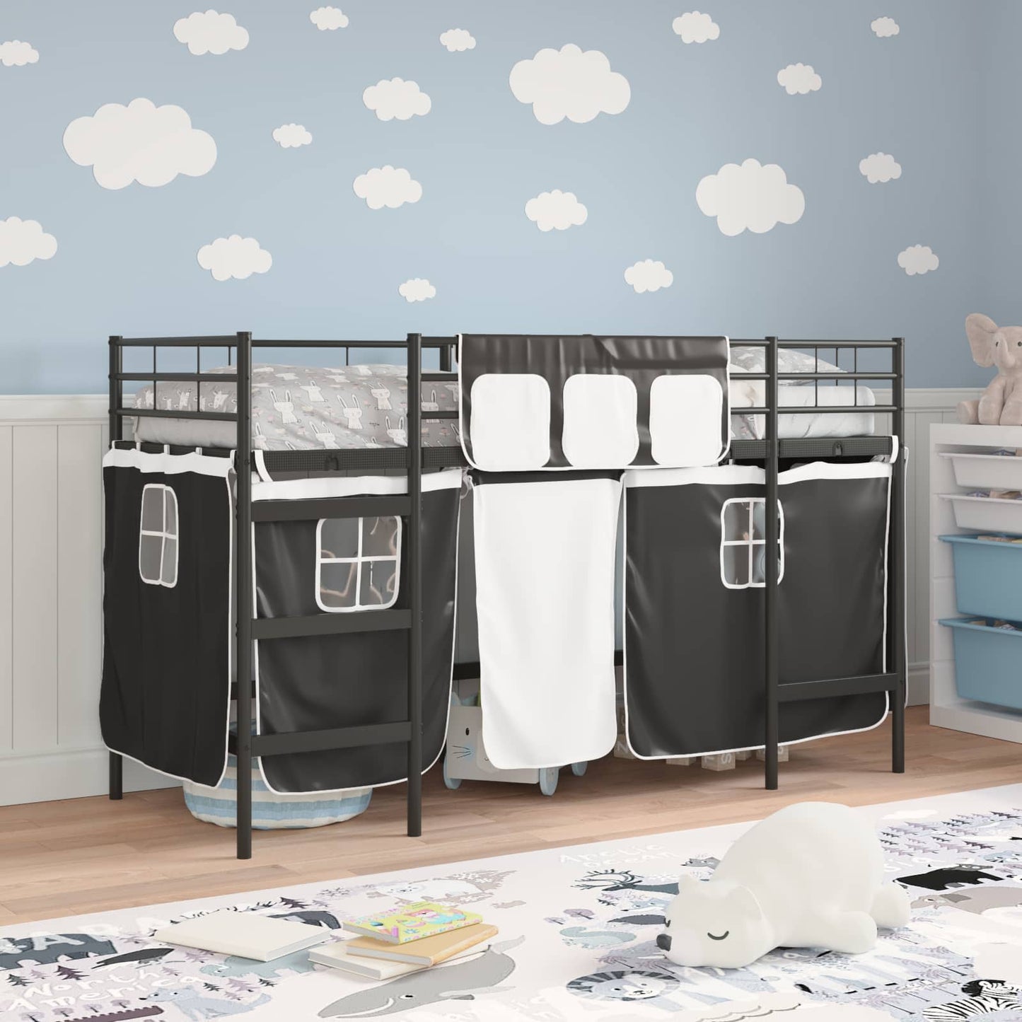 Kids'Loft Bed Frame with Curtains Black 75 x 190 cm