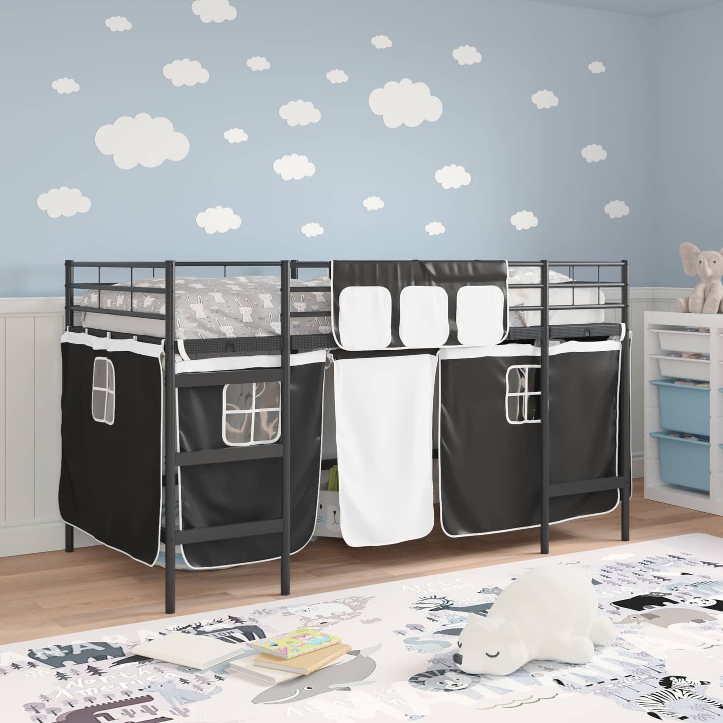 Kids'Loft Bed Frame with Curtains Black 80 x 200 cm