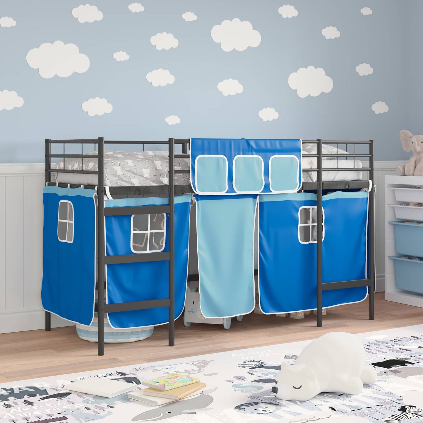 Kids'Loft Bed Frame with Curtains Black and Blue 75 x 190 cm