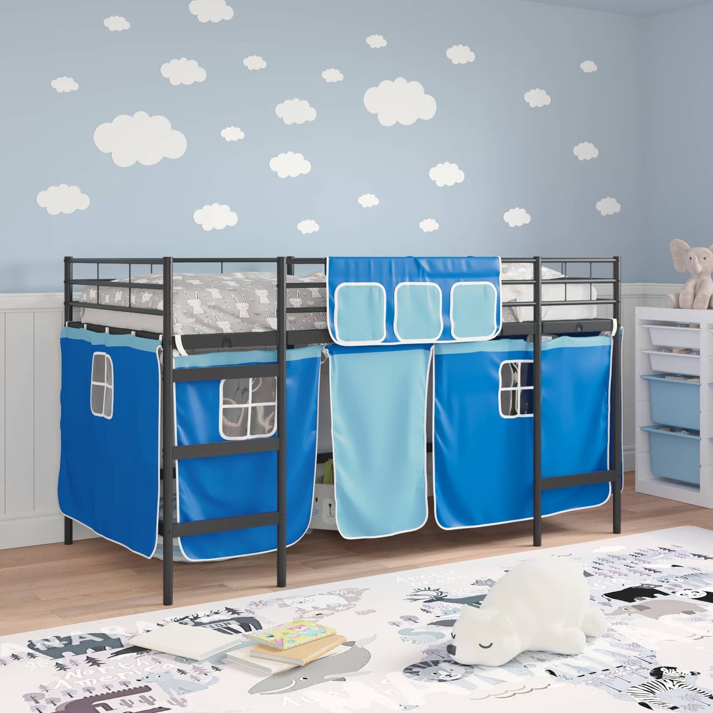 Kids'Loft Bed Frame with Curtains Black and Blue 80 x 200 cm