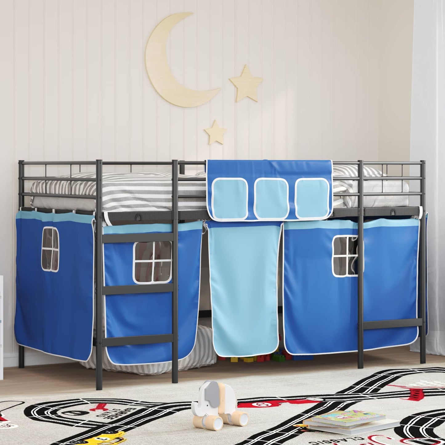 Kids'Loft Bed Frame with Curtains Black and Blue 90 x 200 cm