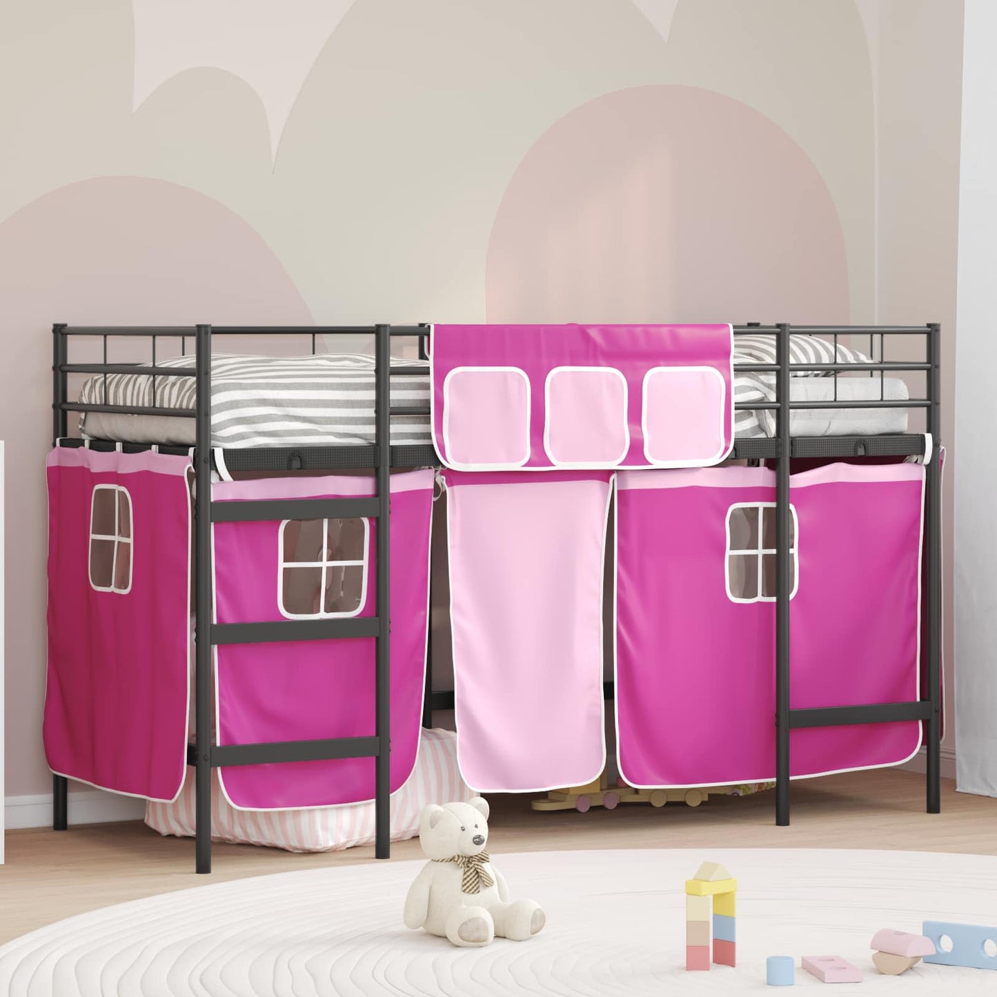 Kids'Loft Bed Frame with Curtains Black and Pink 100 x 190 cm
