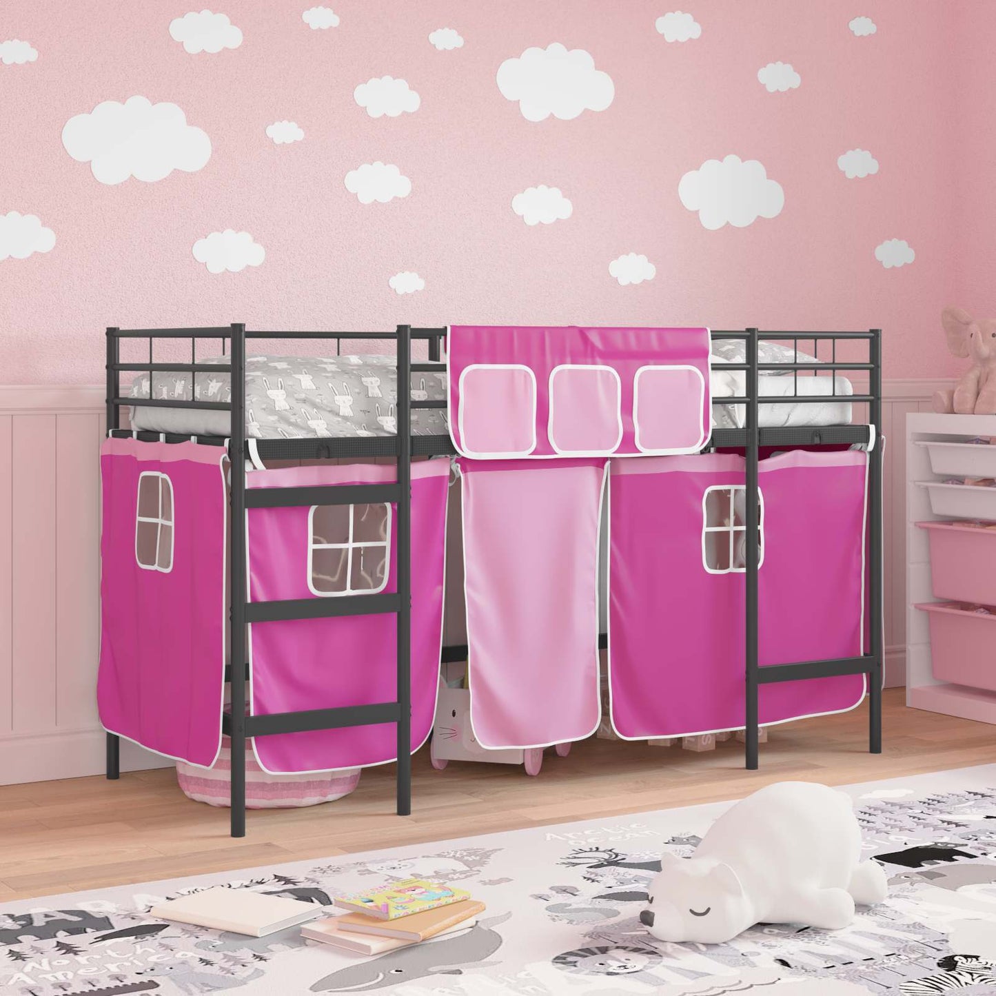 Kids'Loft Bed Frame with Curtains Black and Pink 100 x 190 cm