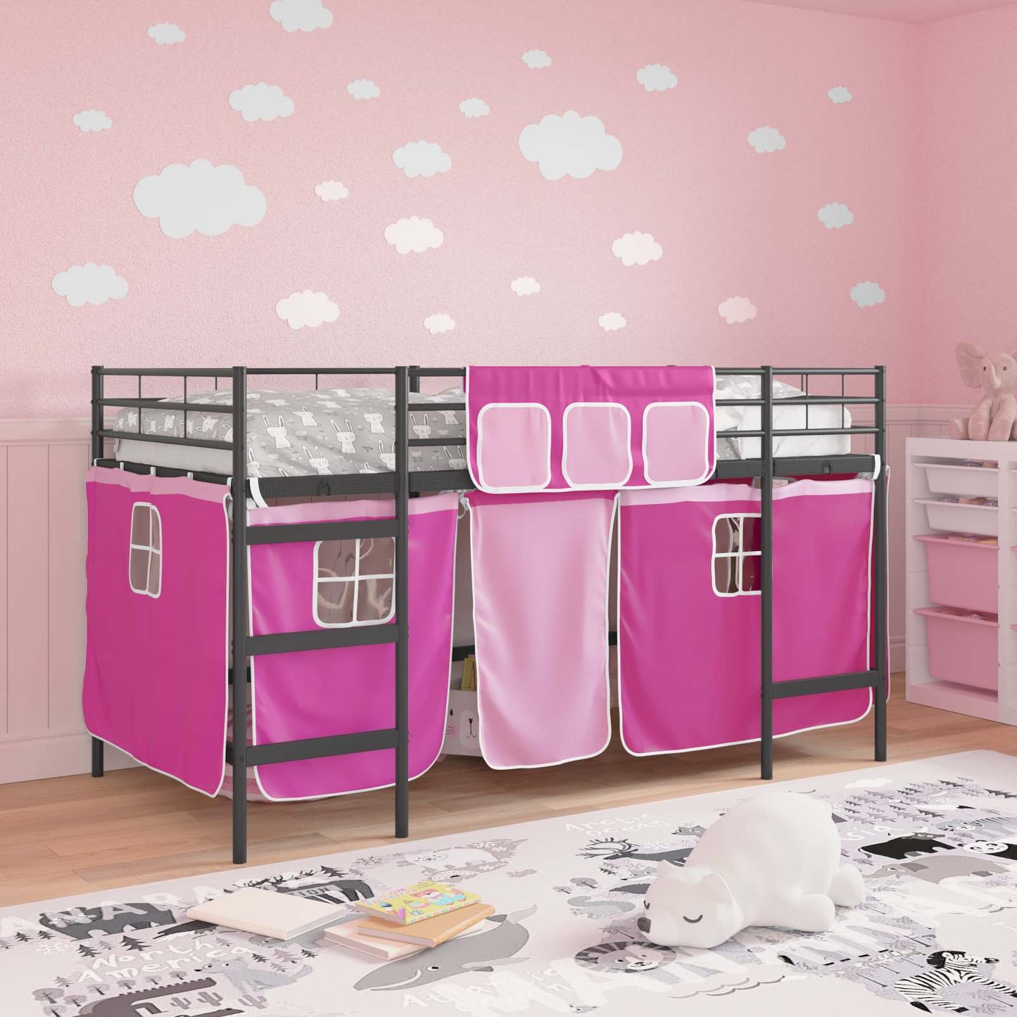 Kids'Loft Bed Frame with Curtains Black and Pink 100 x 200 cm