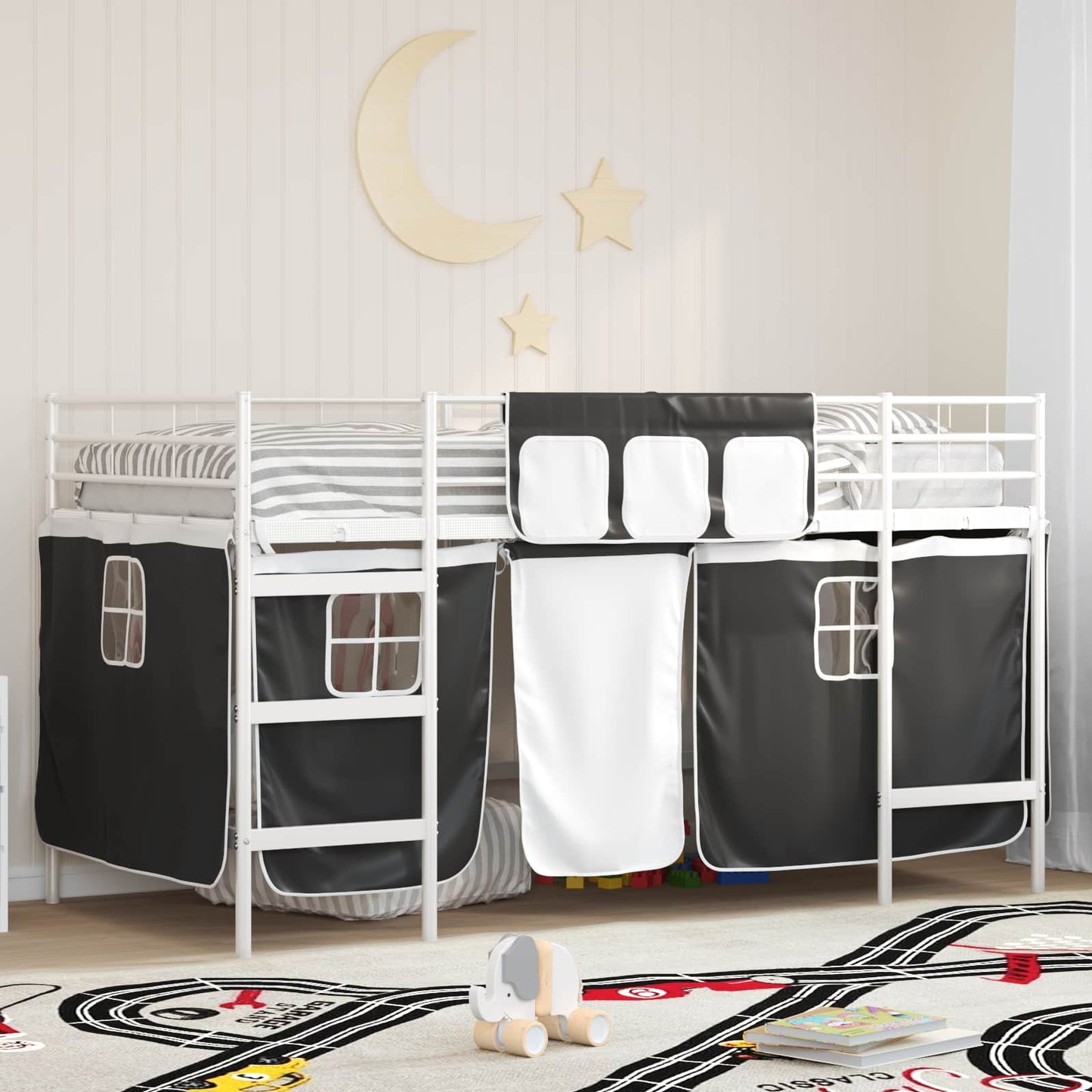 Kids'Loft Bed Frame with Curtains White and Black 107 x 200 cm